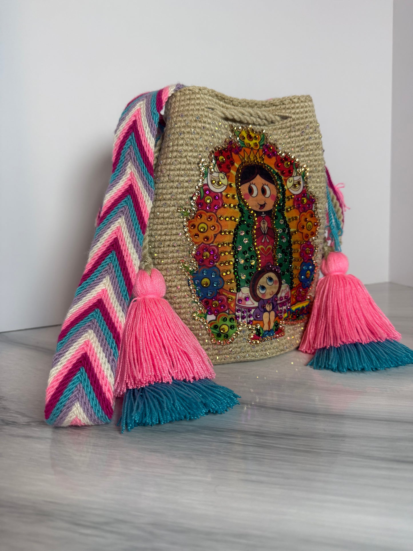Wayuu Bag Virgin of Guadalupe Decorated Medium with colorful Details Handmade