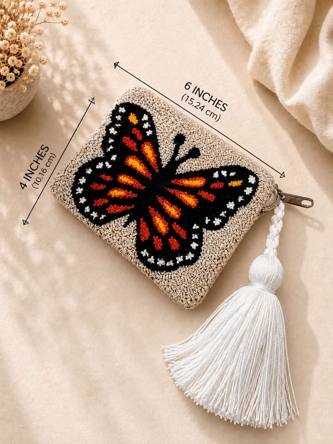 Handmade Tufted Mini Clutch Wallet 6” x 4” | Embroidered Zipper Coin Purse with Tassel