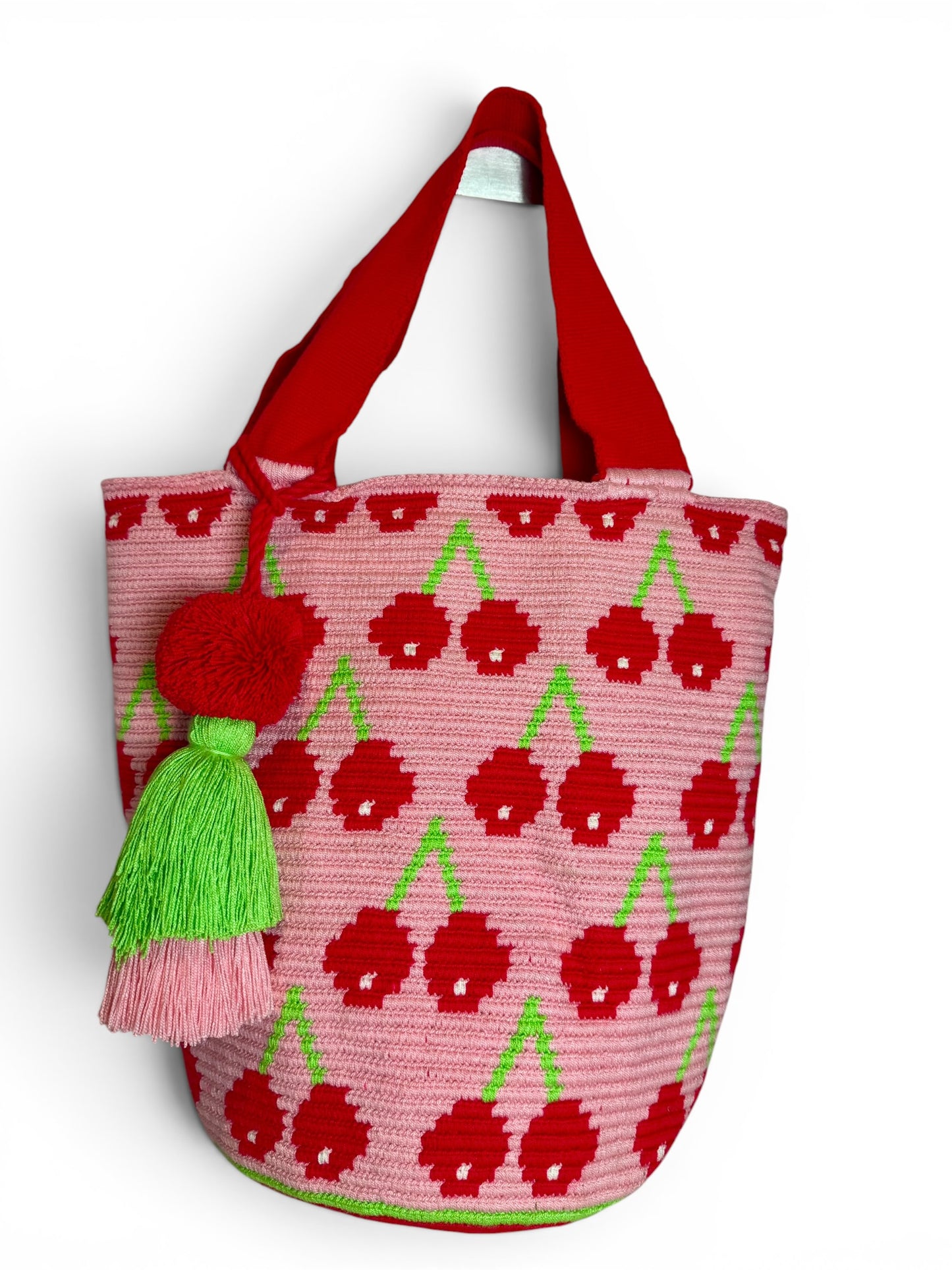 Wayuu XL Handwoven Cherry Tote Bag Inner lining, sliding and ornament (pompom
