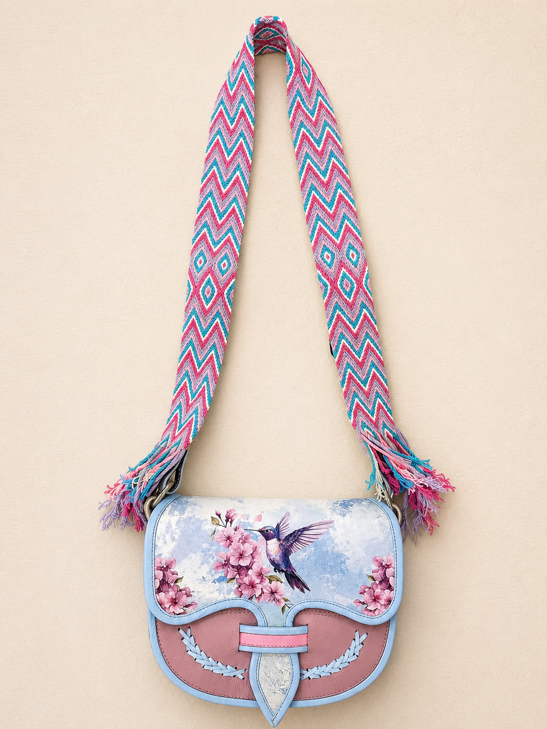 Hand Painted Genuine Leather Carriel Bag with Hummingbird | Adjustable Wayuu Crochet Strap