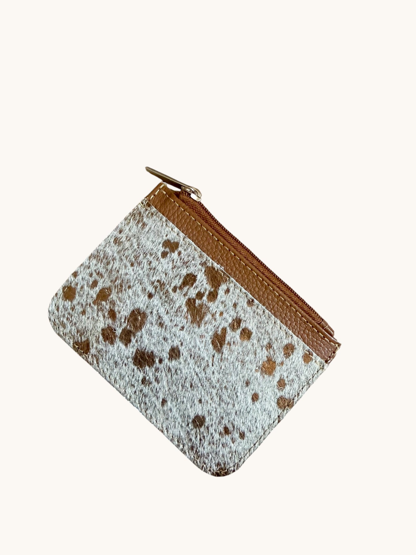 Genuine Cowhide Leather Card Holder Wallet with Zipper Hair-On Multiple Card Slots 4.5” x 3.5”