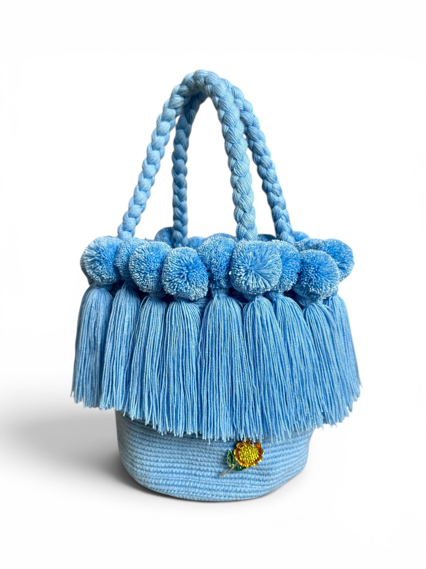 Medium Handmade Wayuu Crochet Handbag with Pom Poms & Tassels | Artisan Luxury Bag with Inner Lining | 9” Height