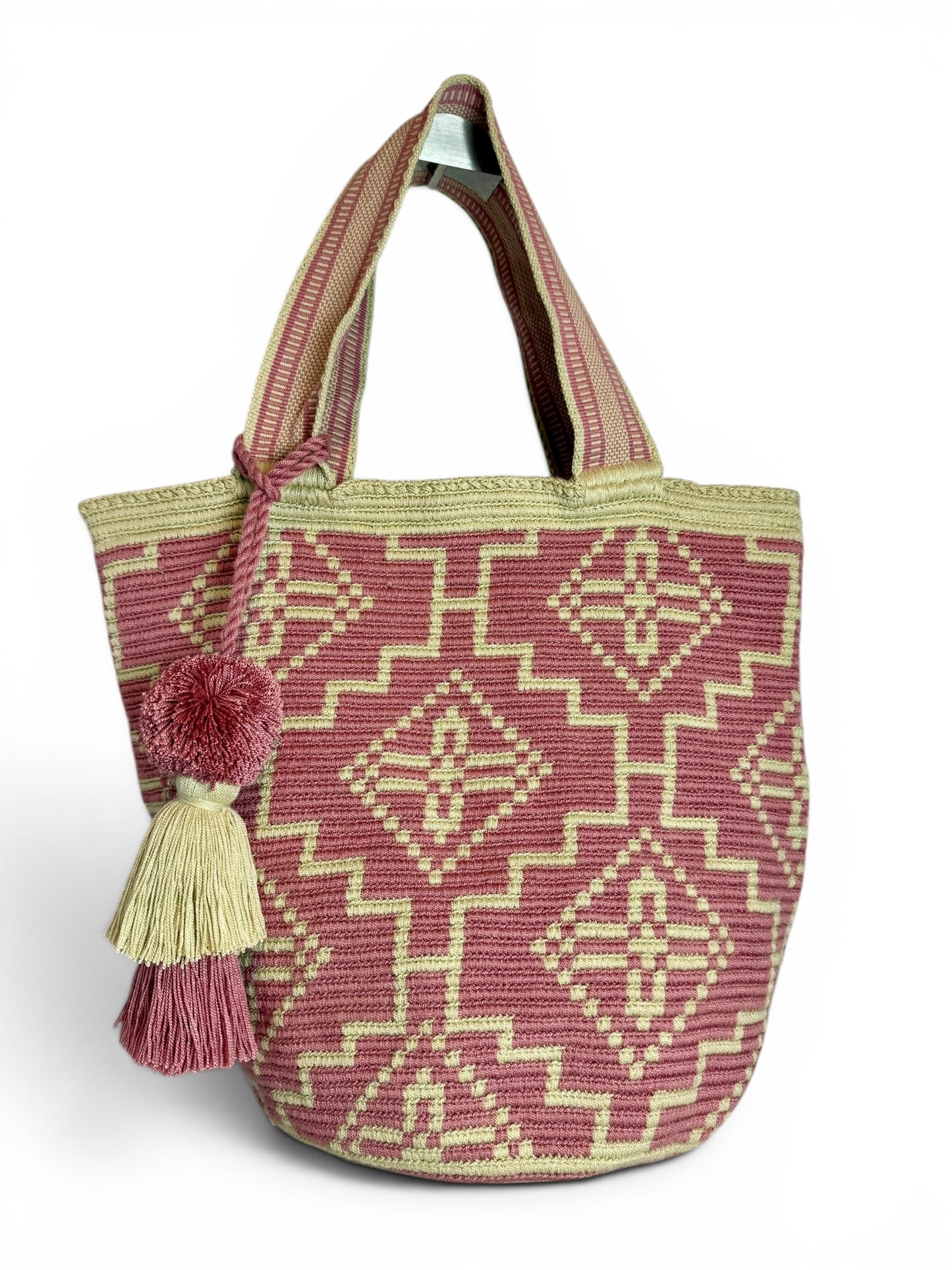 Wayuu XL Handwoven Tote Bag Inner lining, sliding and ornament (pompom)
