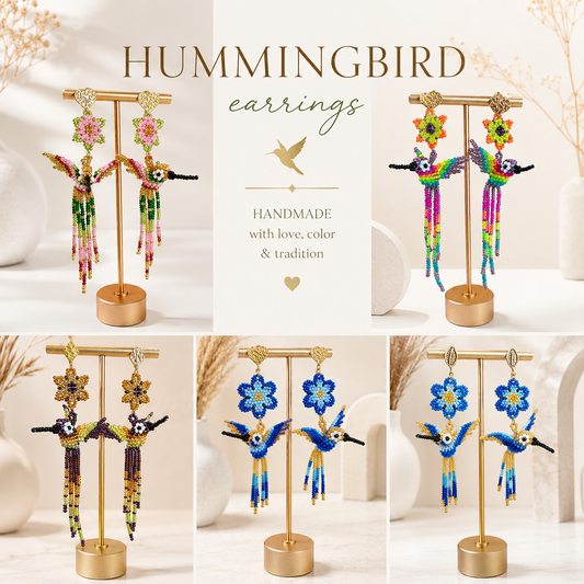 Handmade Hummingbird Beaded Earrings Colorful Artisan Statement Earrings for Women