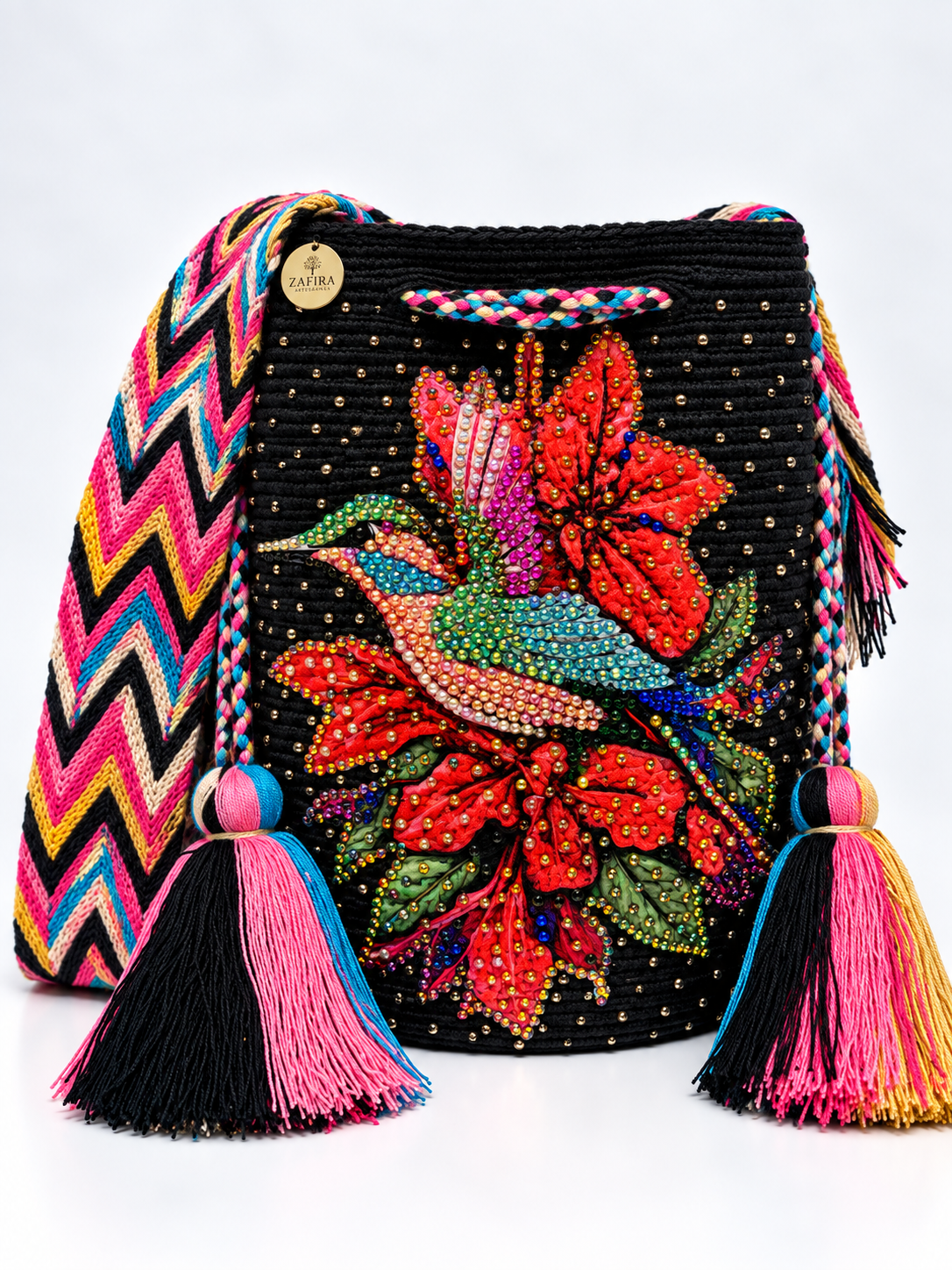 Wayuu Bag L dragonfly beige Decorated Unique Handmade Artisan Bag