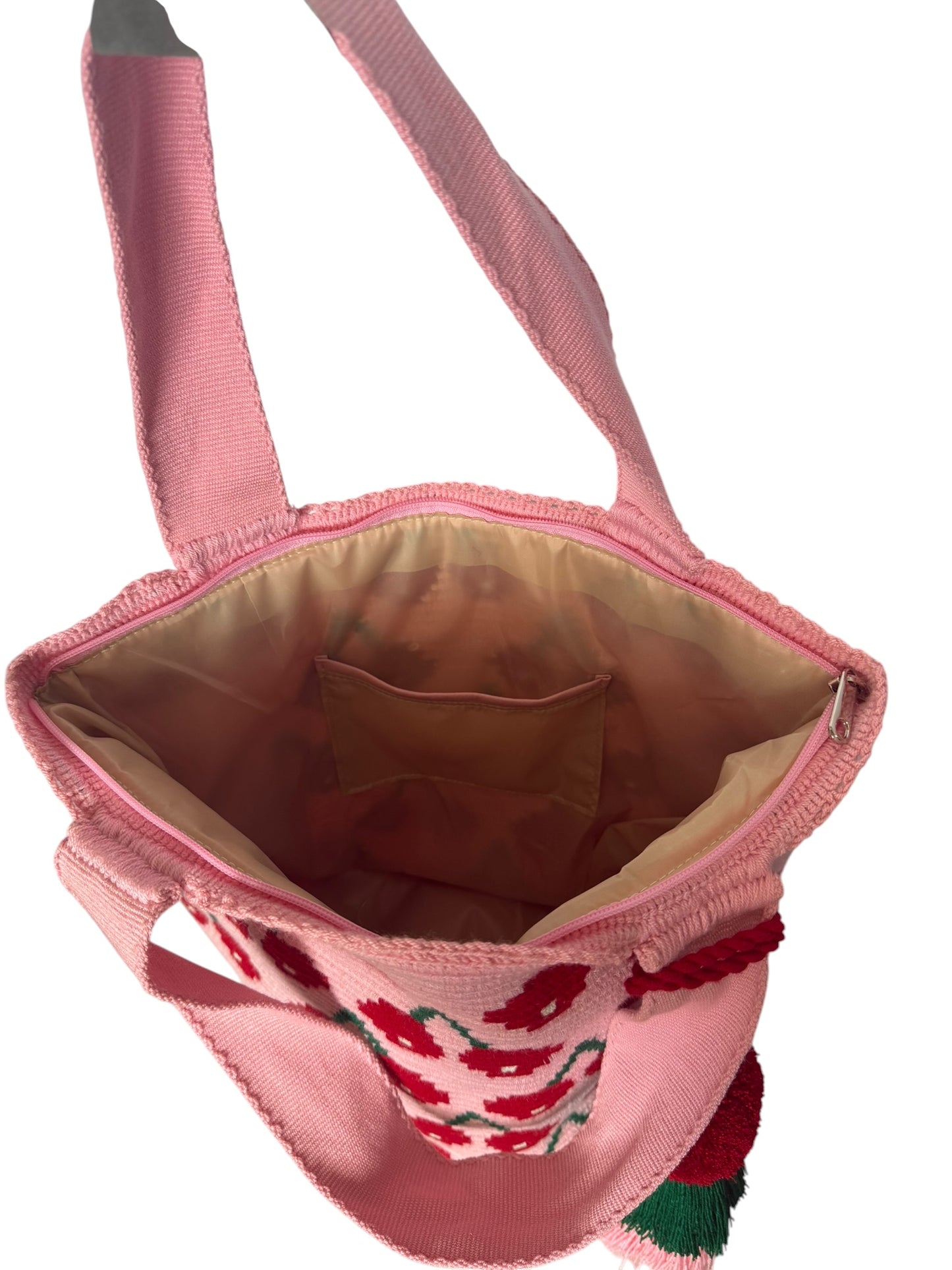 Wayuu XL Handwoven Cherry and strawberries Tote Bag Inner lining, sliding and ornament pompom