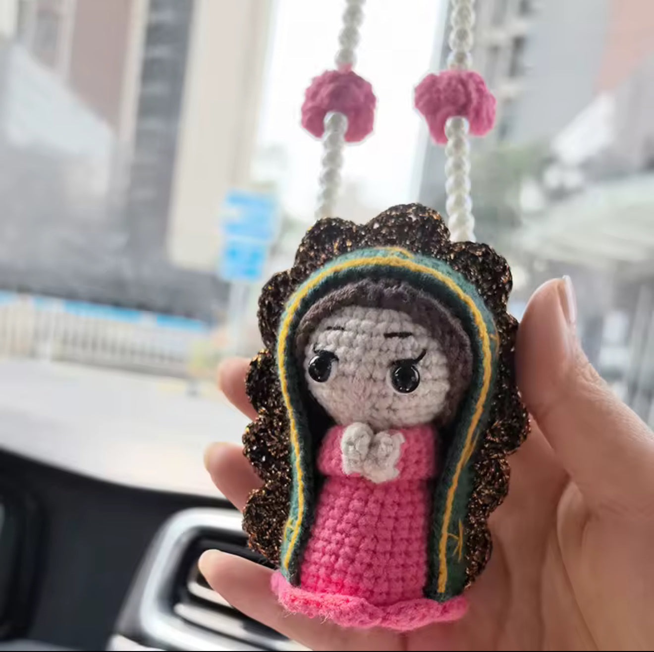 Crochet Virgin of Guadalupe keychain charm – Handmade spiritual accessory