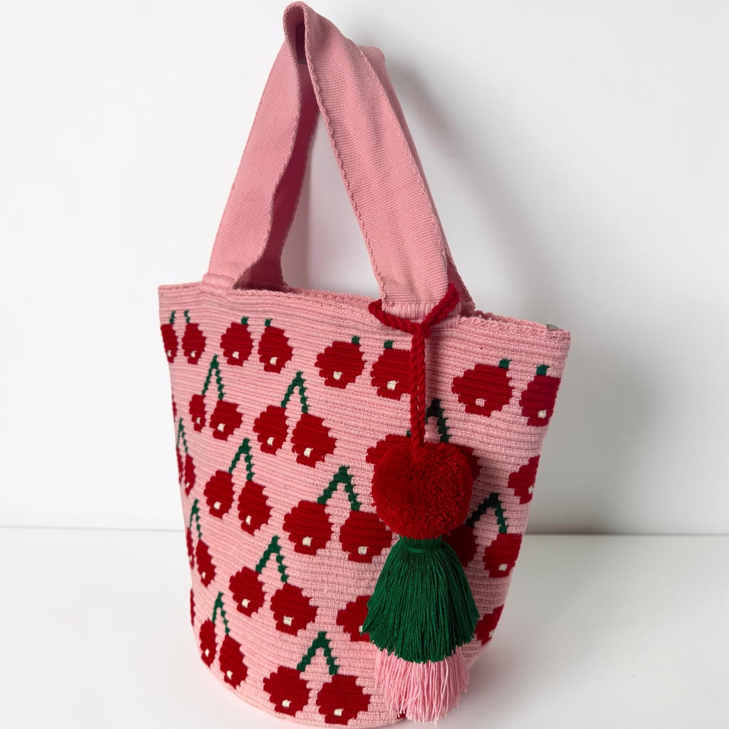 Wayuu XL Handwoven Cherry and strawberries Tote Bag Inner lining, sliding and ornament pompom