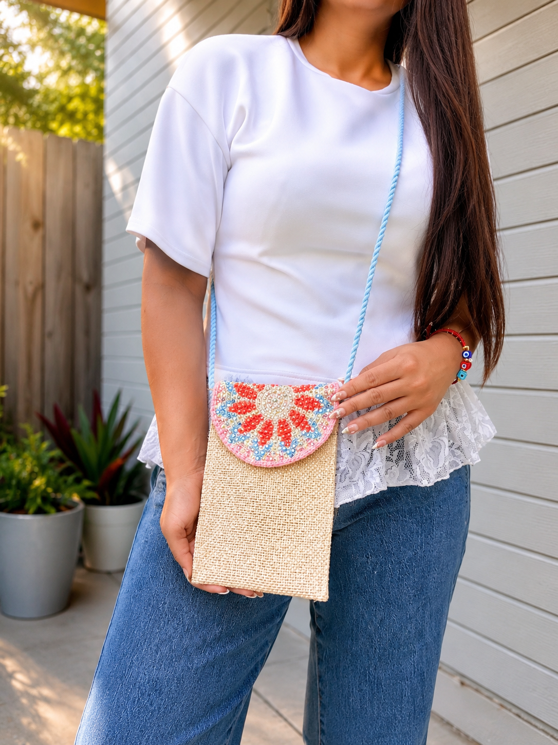 Handmade Phone Pouch decorated | Crossbody Cell Phone Holder with Inner Lining