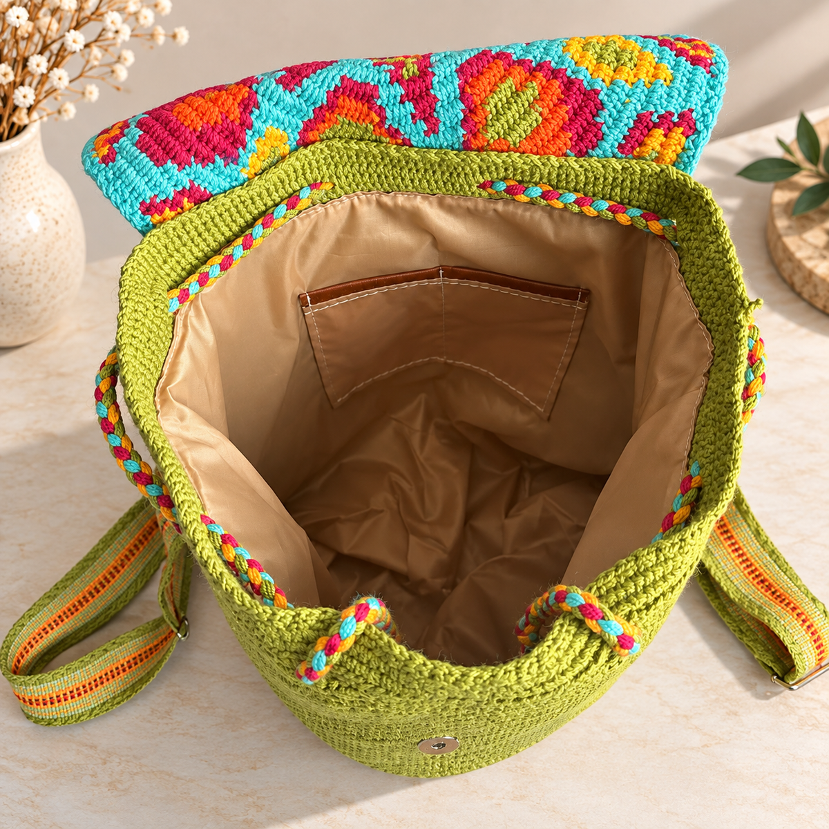 Luxury Backpack with Crystal Stones | Handmade Crochet Flap Adjustable Backpack