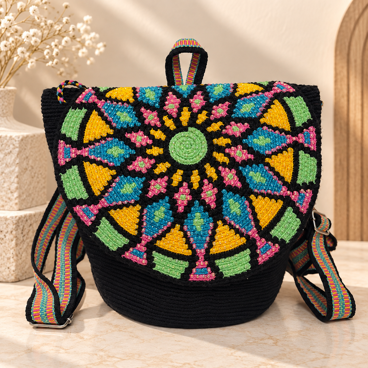 Luxury Backpack with Crystal Stones | Handmade Crochet Flap Adjustable Backpack