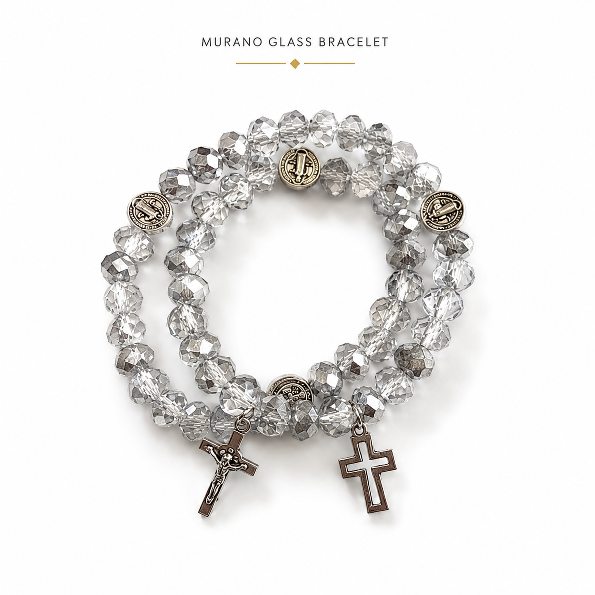 Murano Glass Catholic Bracelet – Lavender Crystal Beads, Cross , virgin of Guadalupe Medal