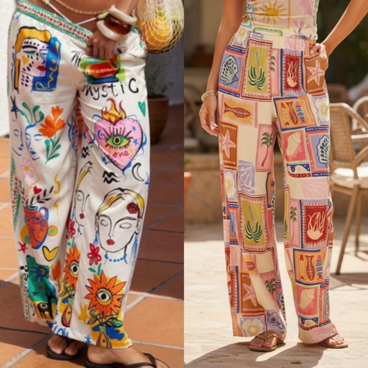Colorful Summer Pants for Women | Full Print Wide Leg Trousers | Vibrant Vacation Style