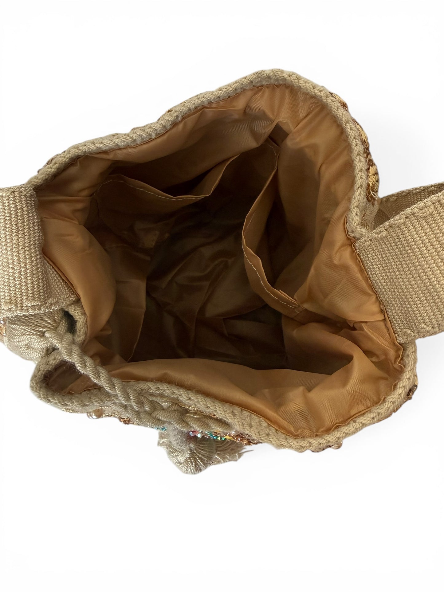 Medium Wayuu Bucket Bag Embroidered Virgin of Guadalupe | Handmade Crossbody with Tassels