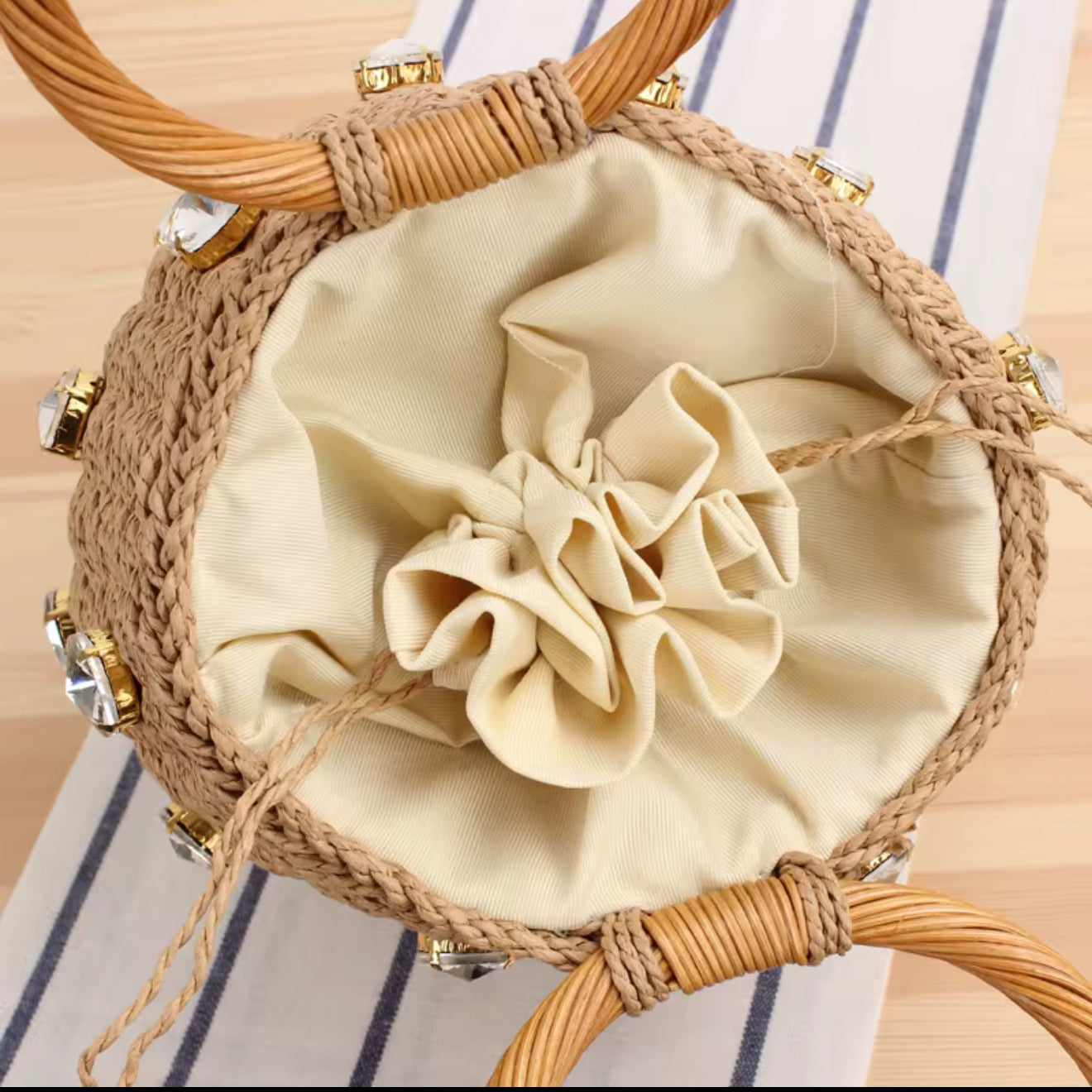 Handmade bucket bag with sparkling rhinestones – Elegant woven handbag