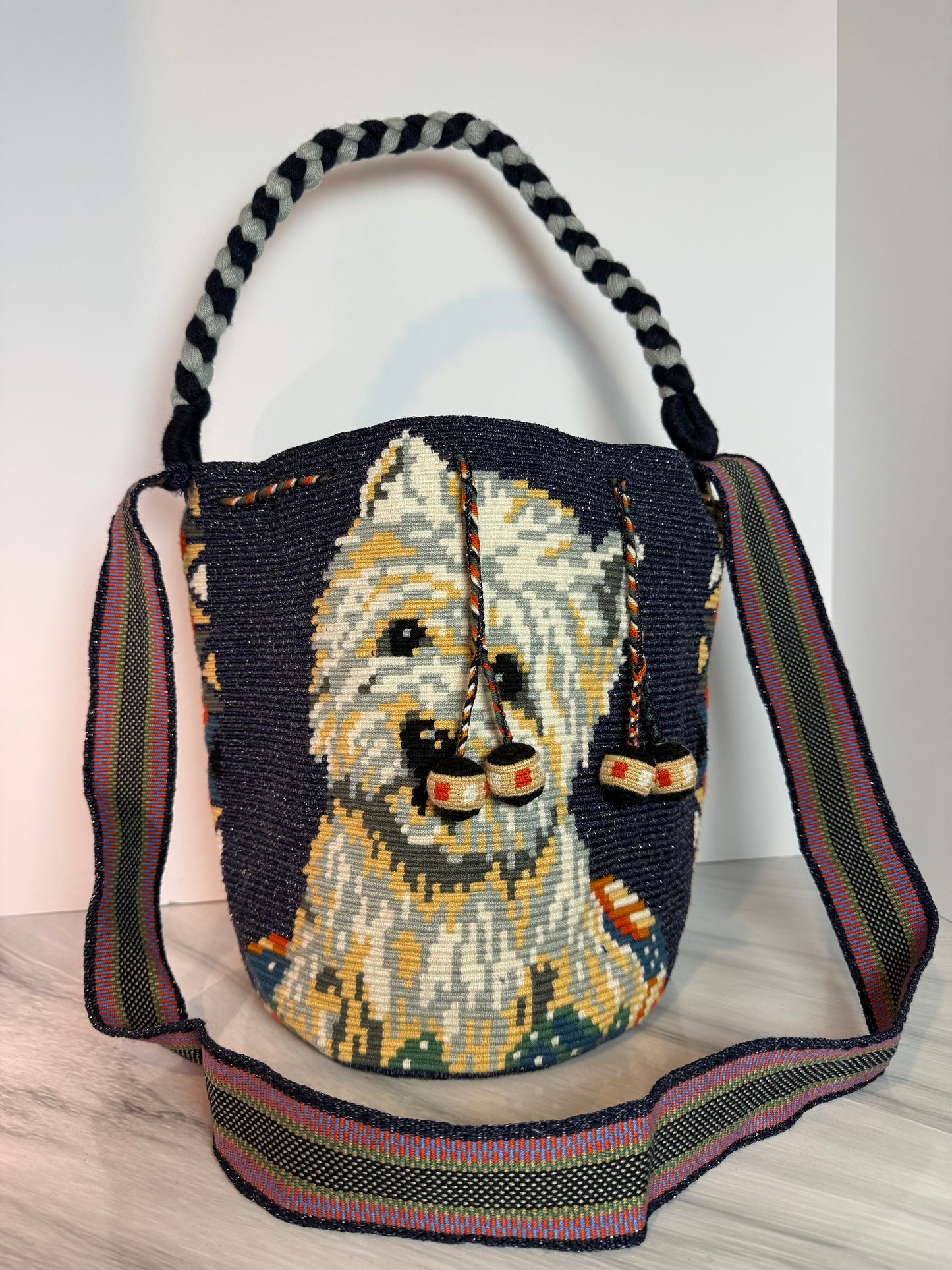 One string Handmade Wayuu special Bag L crossbody strap short and large & braided handle