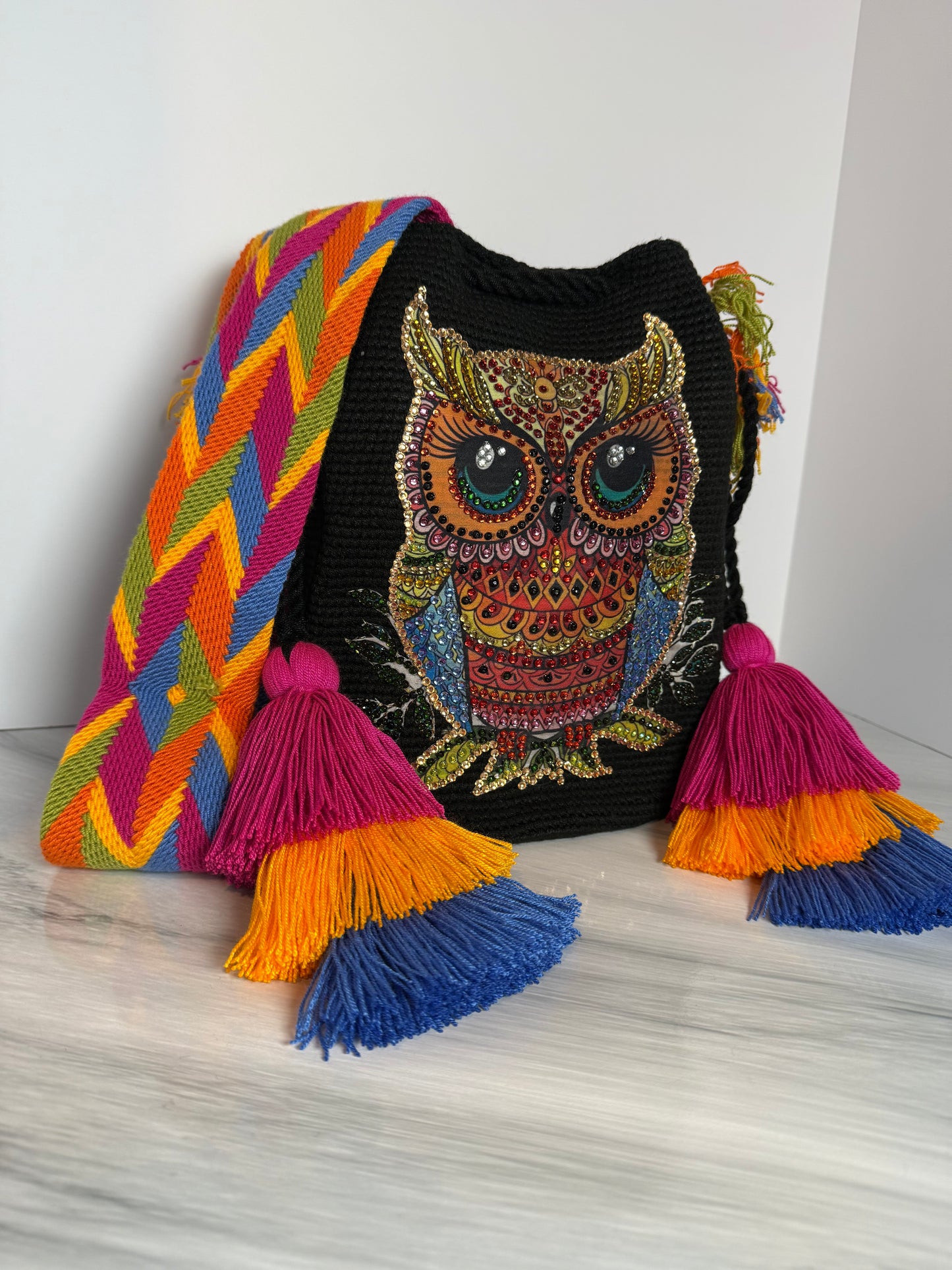 Wayuu Bag L Owl butter Decorated Blue Unique Handmade Artisan Bag