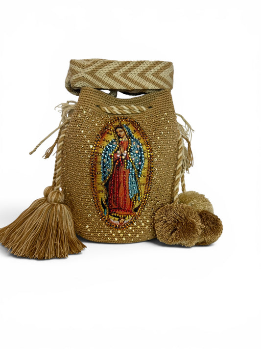 Crossbody Bucket Bag Wayuu Virgin of Guadalupe Decorated cream Details Handmade medium