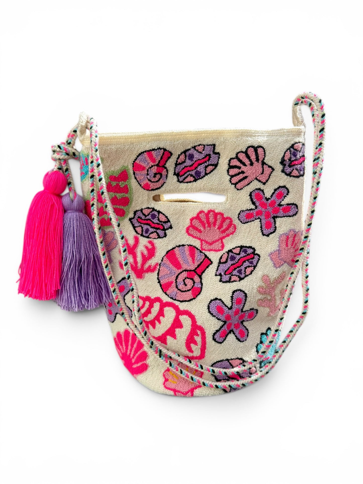 Luxury Handmade Tufted Wayuu Bag – Dual Use Crossbody & Shoulder Bag with Woven Strap, Inner Lining and Artisan Tassels