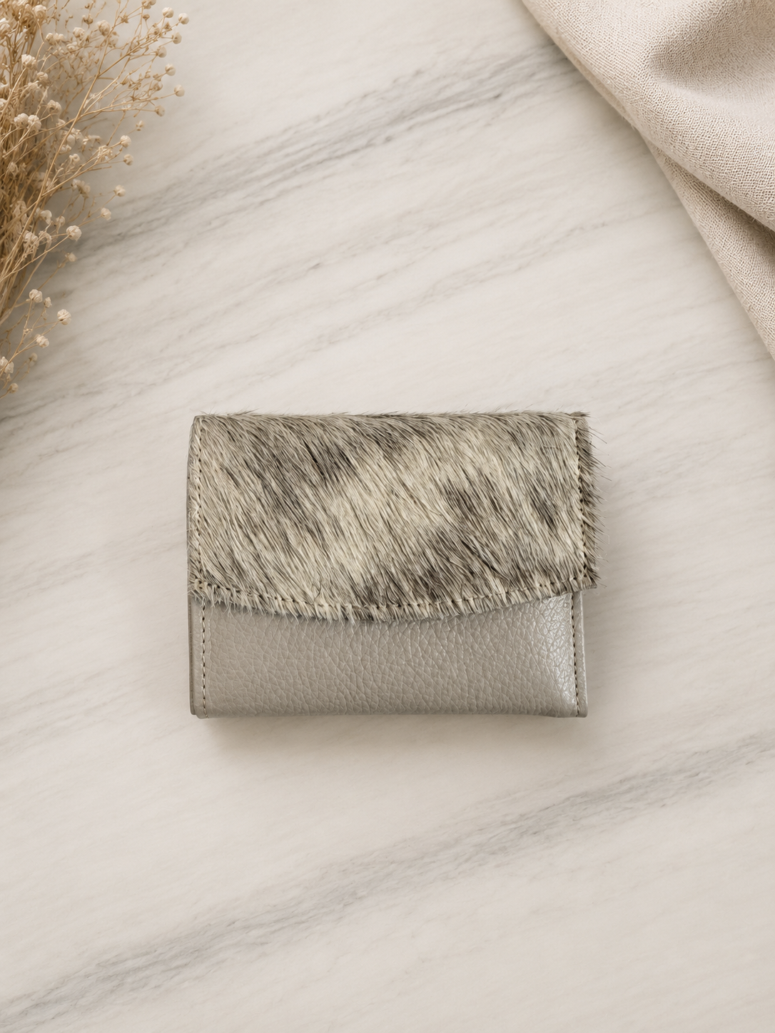 Genuine Cowhide Leather Card Holder Wallet with Zipper Hair-On Multiple Card Slots 7inx4in