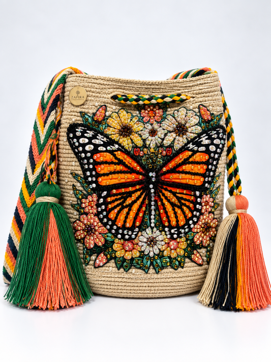 Wayuu Bag medium butterfly monarch Decorated Unique Handmade Artisan Bag