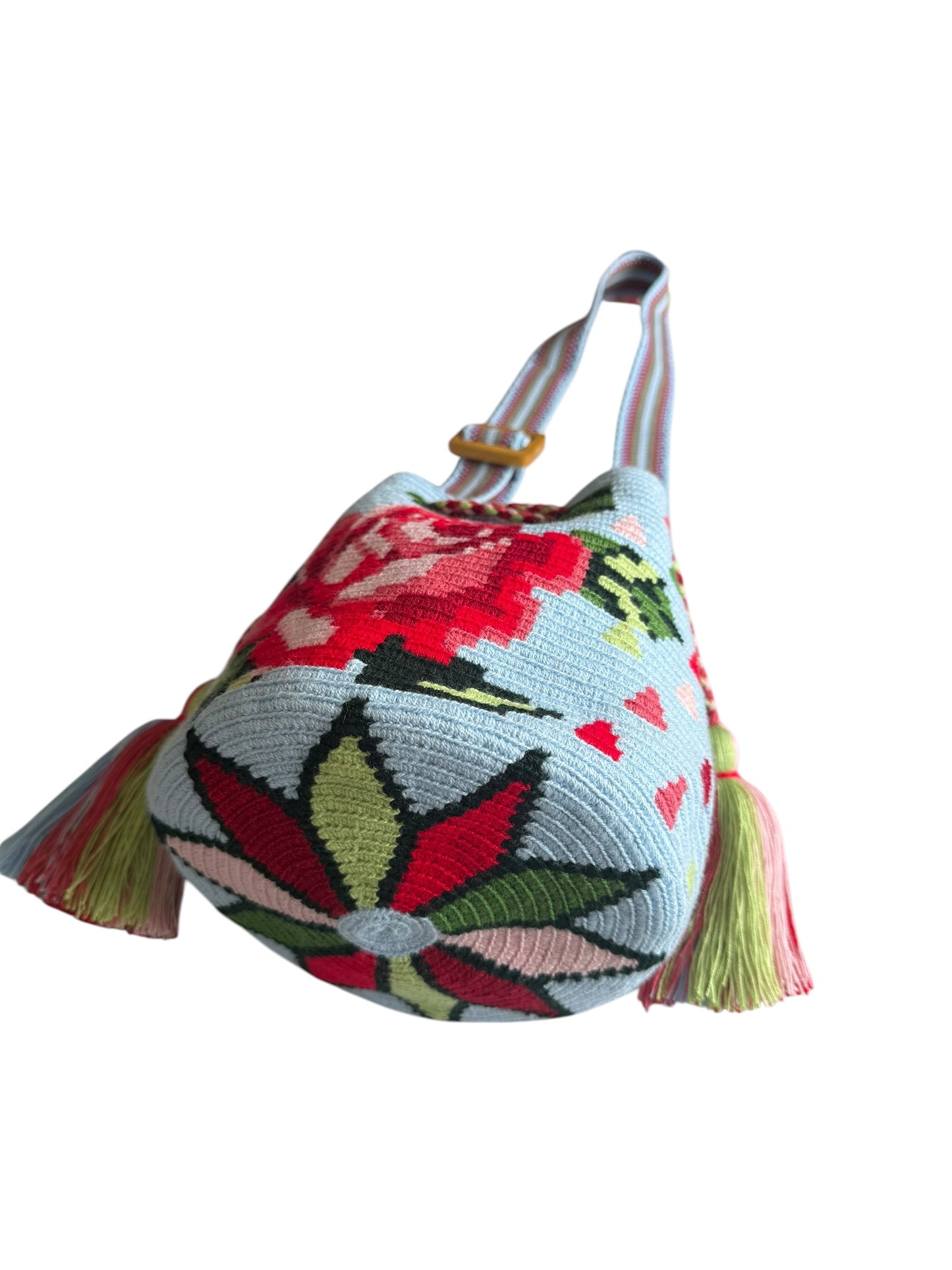 Luxury Handmade Floral Wayuu Bag with Adjustable Wooden Strap | Exclusive Artisan Design 9x9”