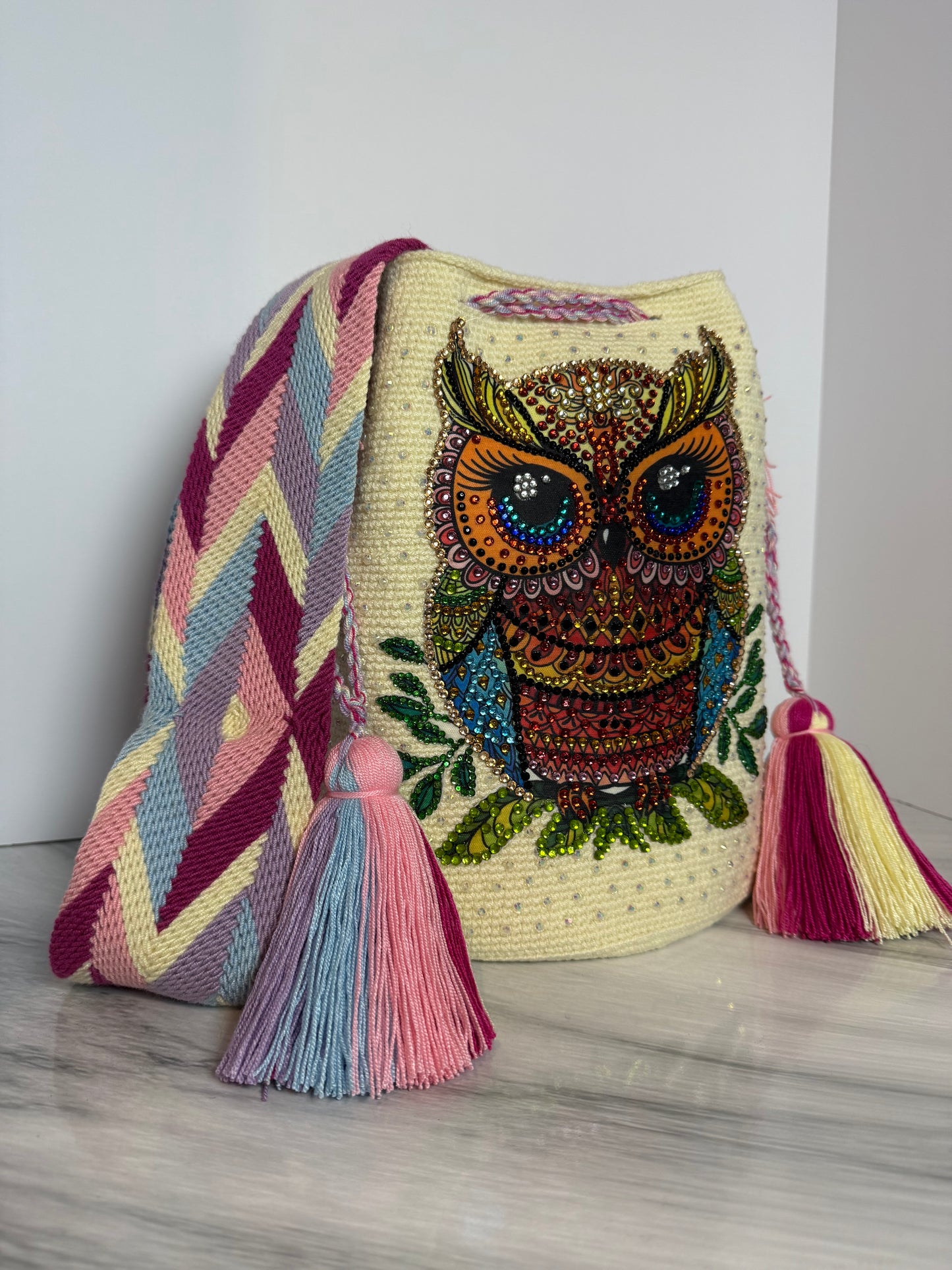 Wayuu Bag L Owl butter Decorated Blue Unique Handmade Artisan Bag