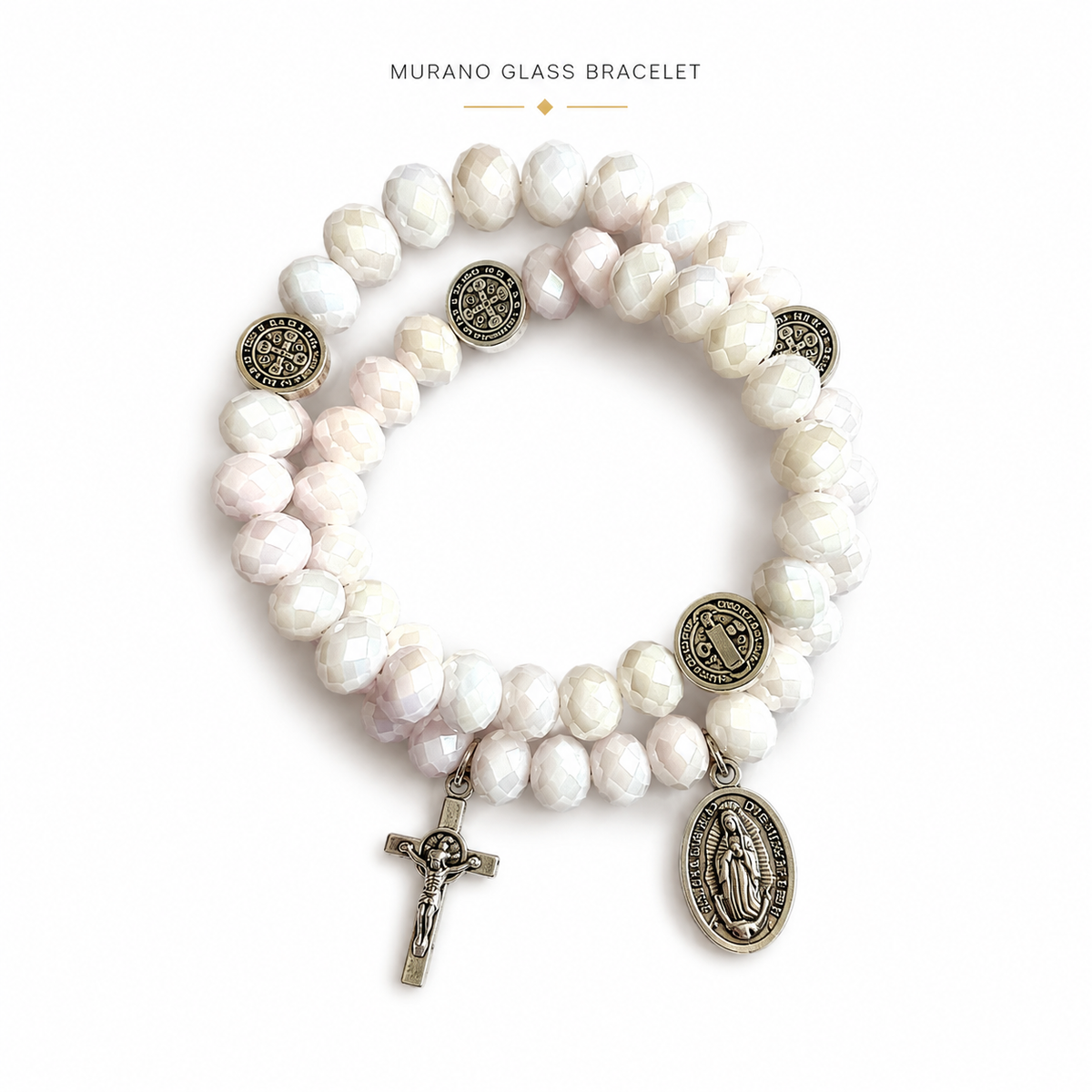 Murano Glass Catholic Bracelet – Lavender Crystal Beads, Cross , virgin of Guadalupe Medal