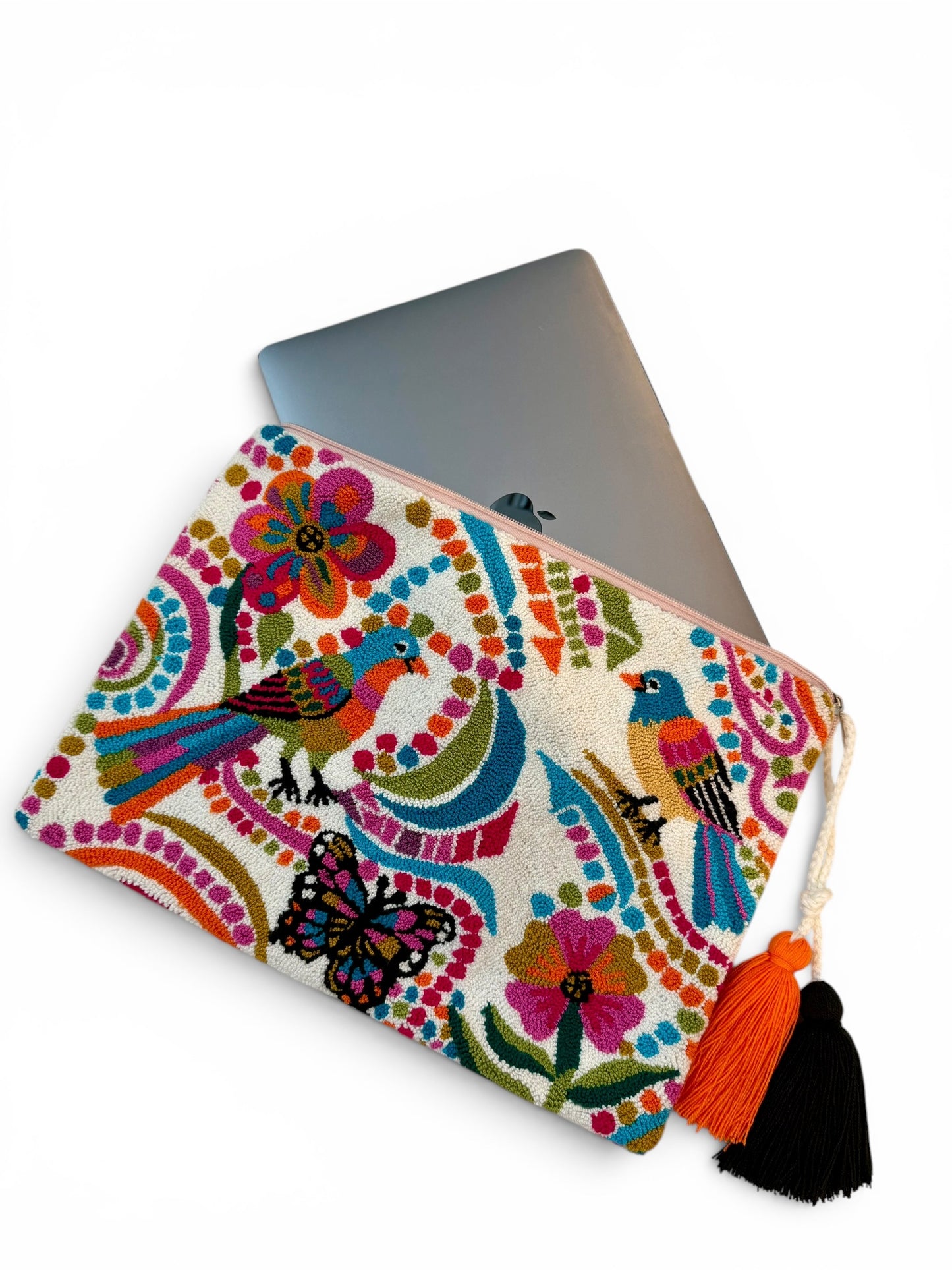 Handmade Embroidered Laptop Sleeve | Colorful Laptop Cover with Inner Lining, Zipper & Tassel Charms | 12x10 Inch