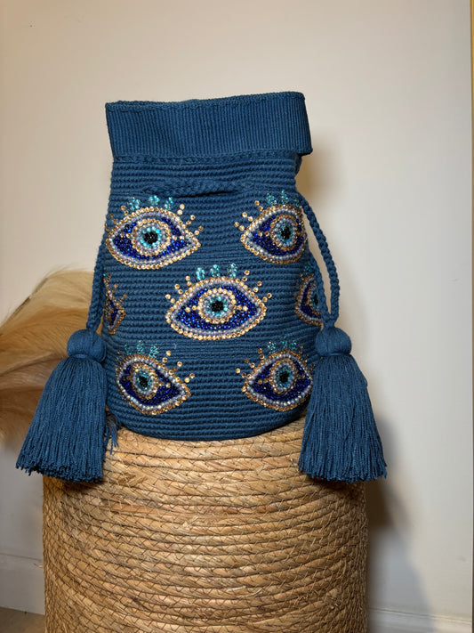 Handmade Evil Eye bucket bag - Wayuu decorated artistan crossbody| Zafira Complements