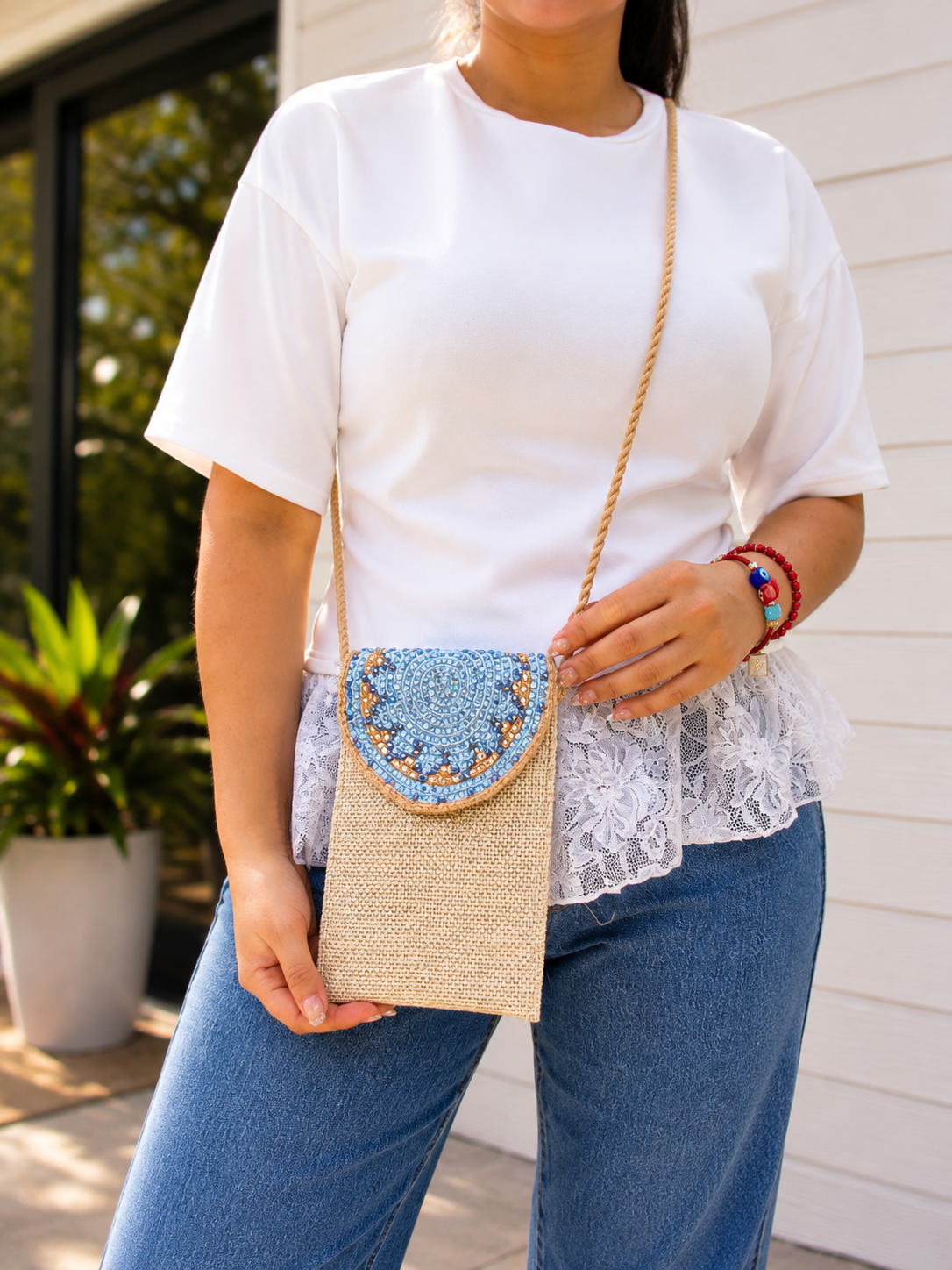 Handmade Phone Pouch decorated | Crossbody Cell Phone Holder with Inner Lining