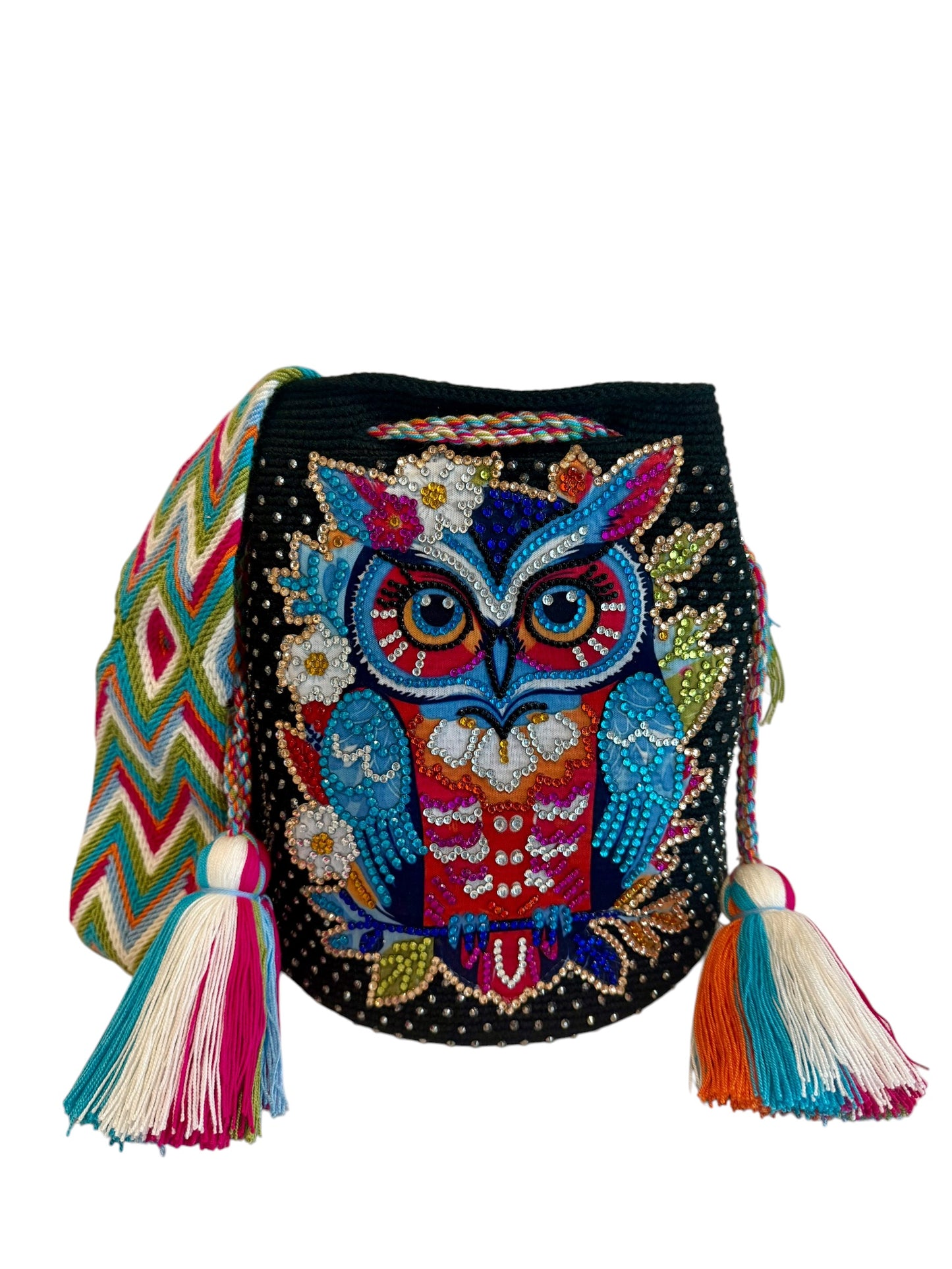 Large Handmade Crochet Owl Bag Colorful Wayuu Crossbody Bucket Bag Owl Collection | Zafira Complements