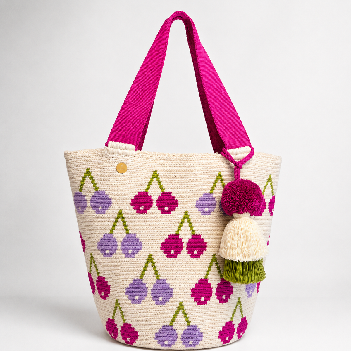 Wayuu XL Handwoven Tote Bag Inner lining, sliding and ornament (pompom)