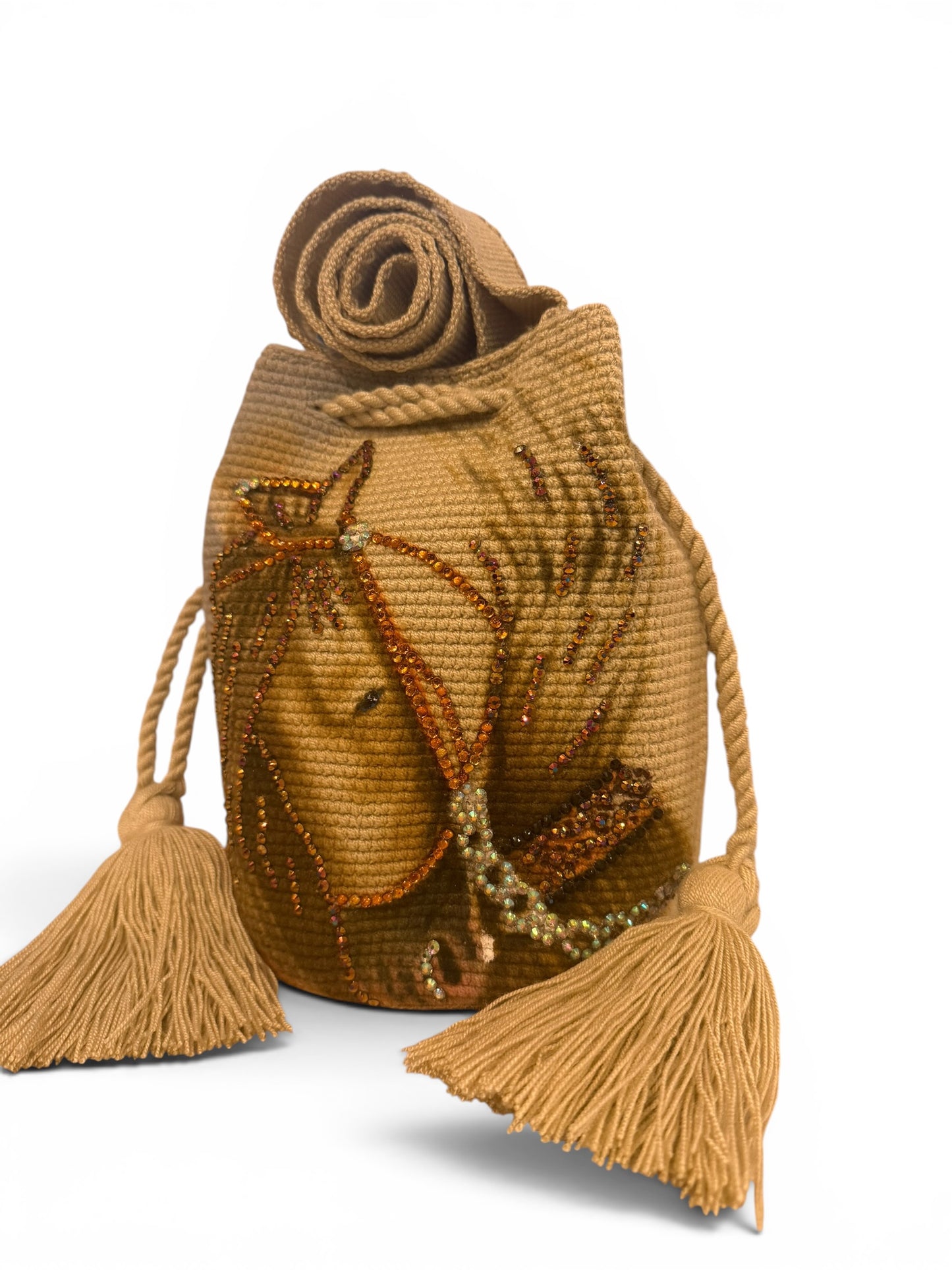 Medium Handmade Horse Wayuu Bag | Luxury Crochet Bucket Bag with Crystal Details & Wide Strap