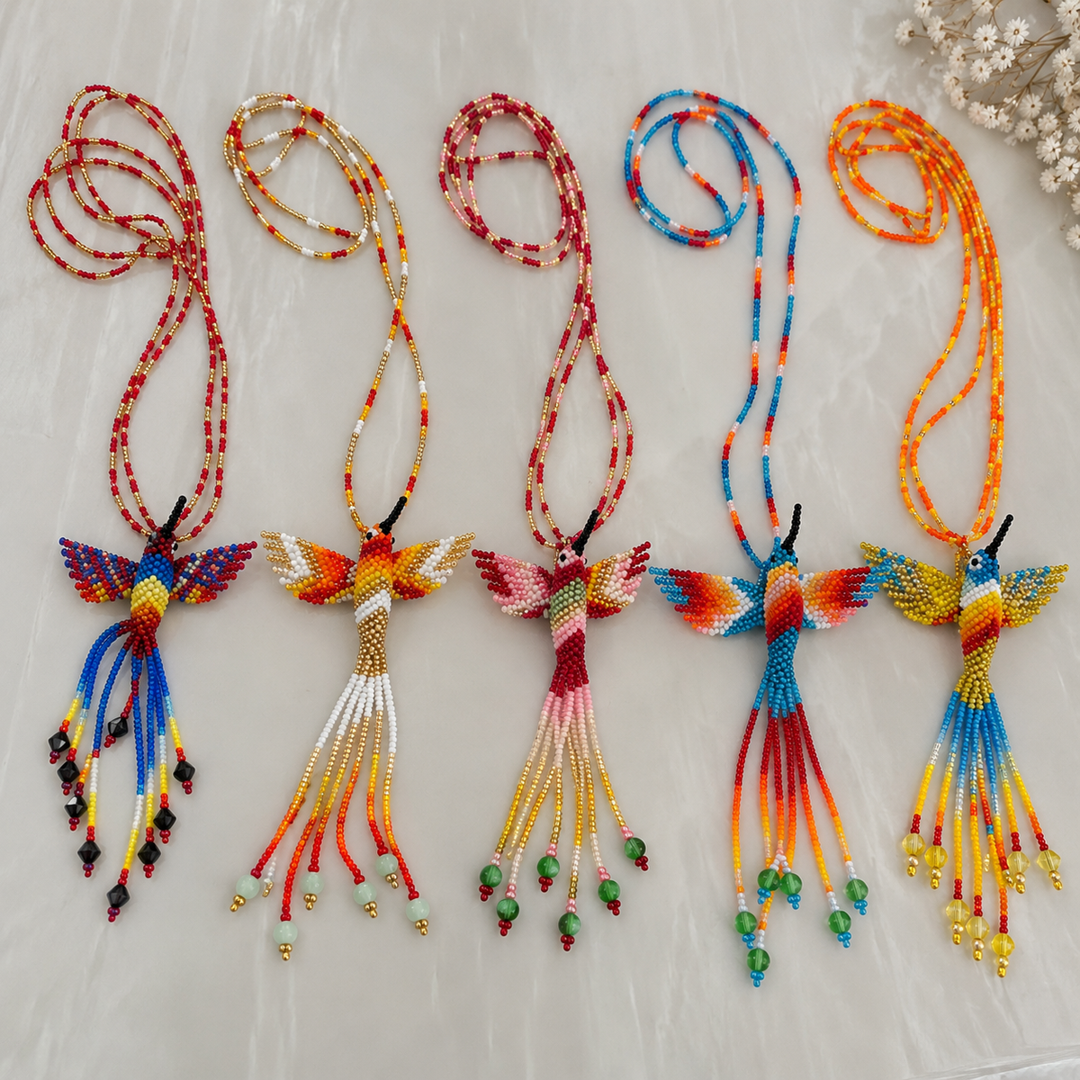 Hummingbird 3D Beaded Necklaces colors Artisan Boho Jewelry