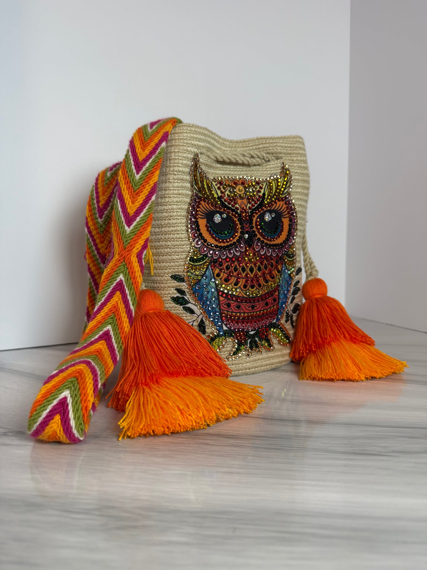Wayuu Bag M Owl Decorated Blue Unique Handmade Artisan Bag