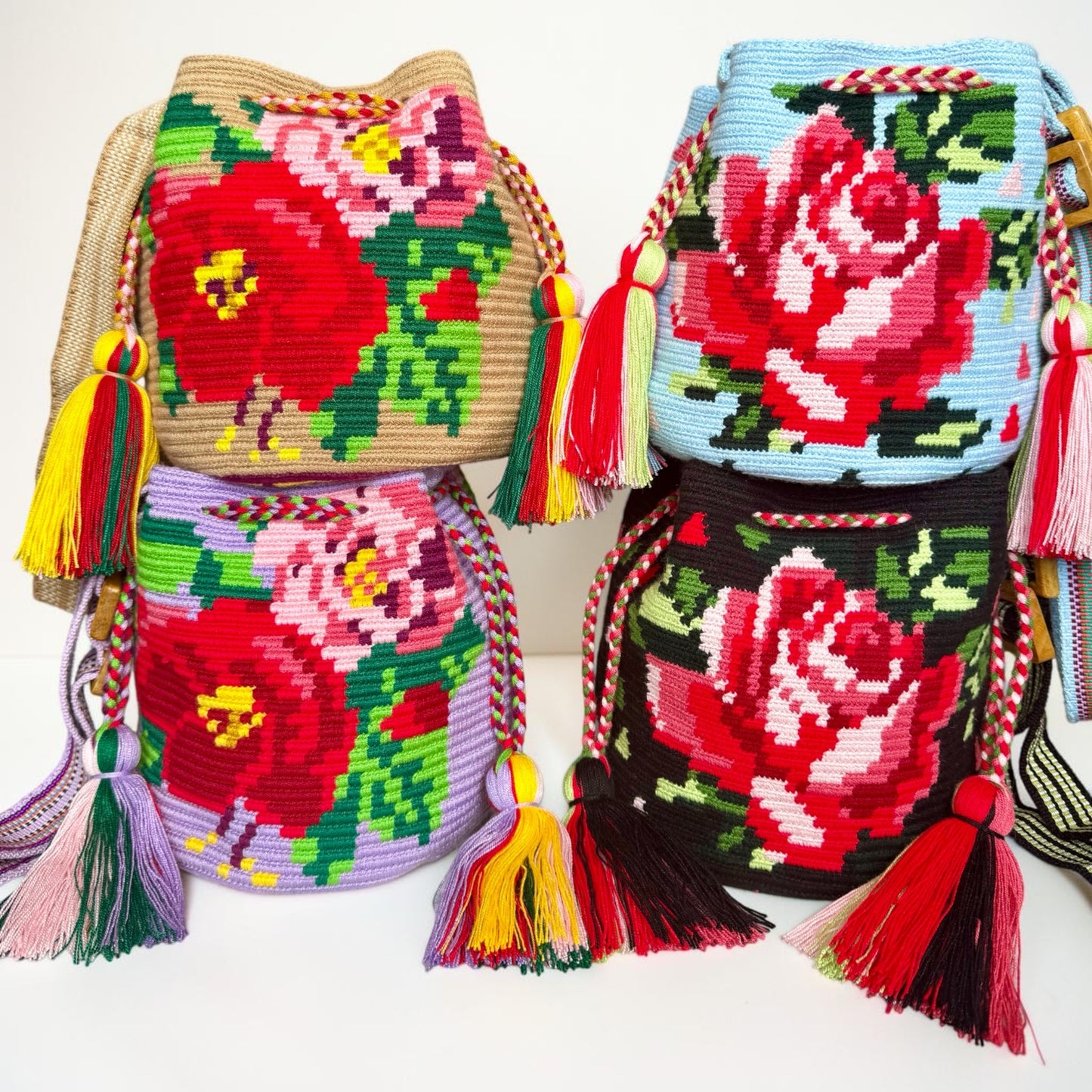 Luxury Handmade Floral Wayuu Bag with Adjustable Wooden Strap | Exclusive Artisan Design 9x9”