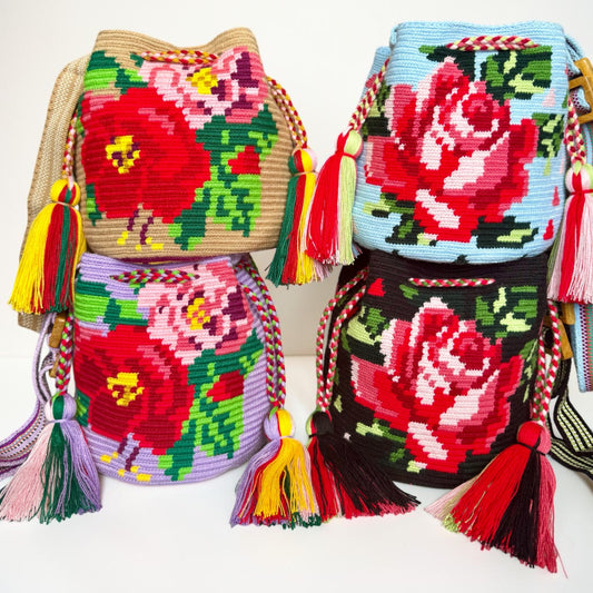 Luxury Handmade Floral Wayuu Bag with Adjustable Wooden Strap | Exclusive Artisan Design 9x9”