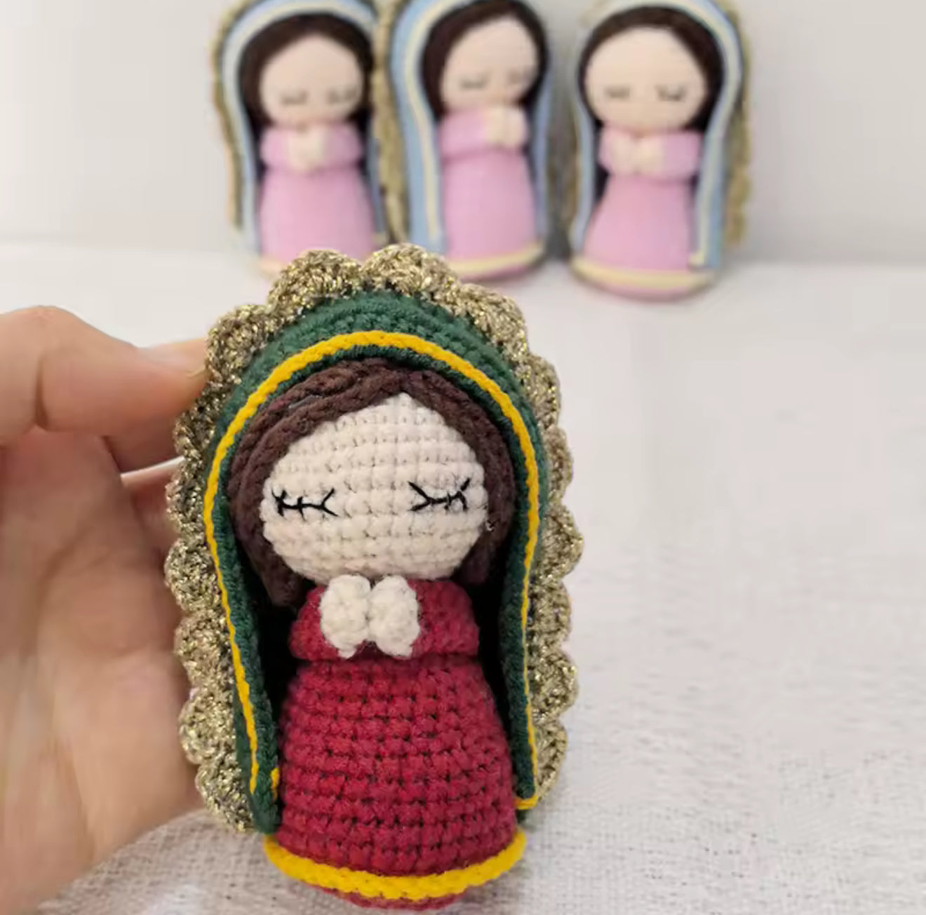 Crochet Virgin of Guadalupe keychain charm – Handmade spiritual accessory
