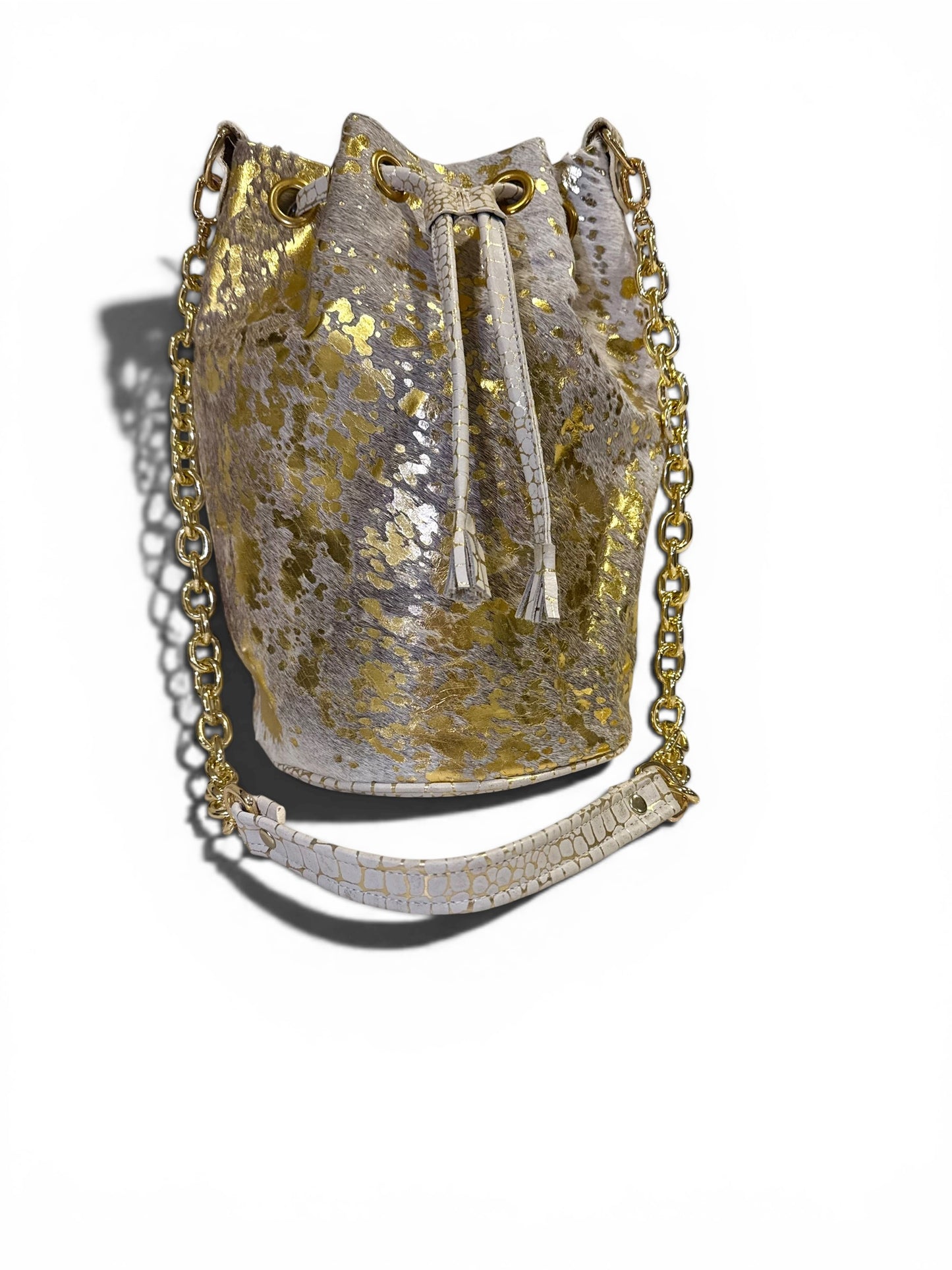 Luxury Bucket Bag in Italian Foil and Genuine Leather Chain & Leather Strap, Lined Interior with Pockets