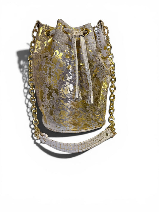 Luxury Bucket Bag in Italian Foil and Genuine Leather Chain & Leather Strap, Lined Interior with Pockets