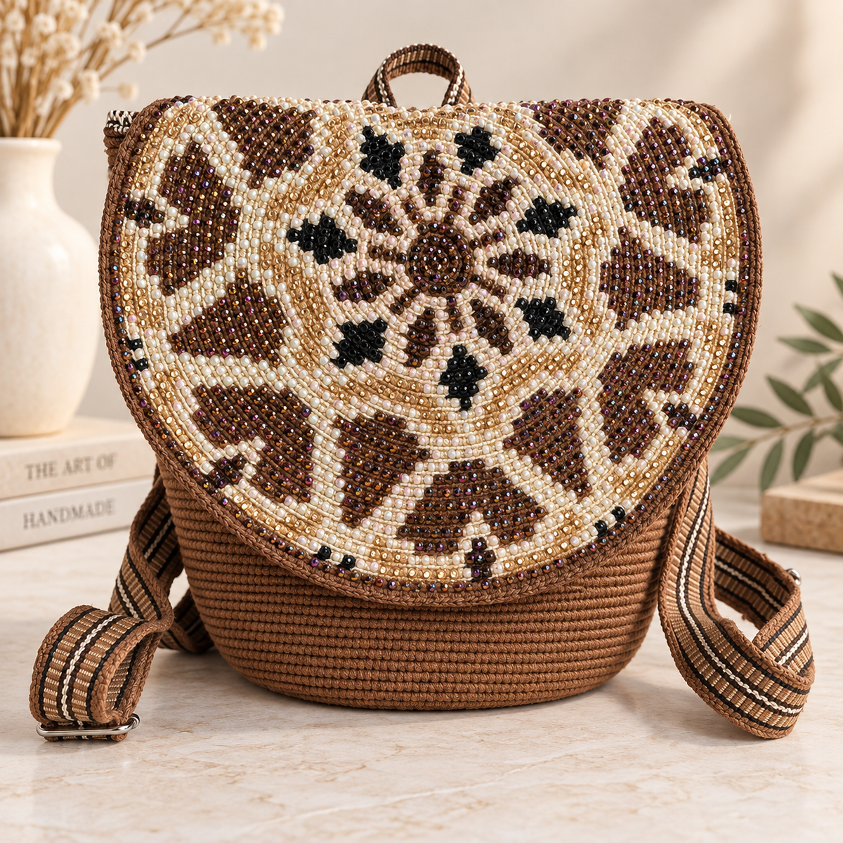 Luxury Backpack with Crystal Stones | Handmade Crochet Flap Adjustable Backpack