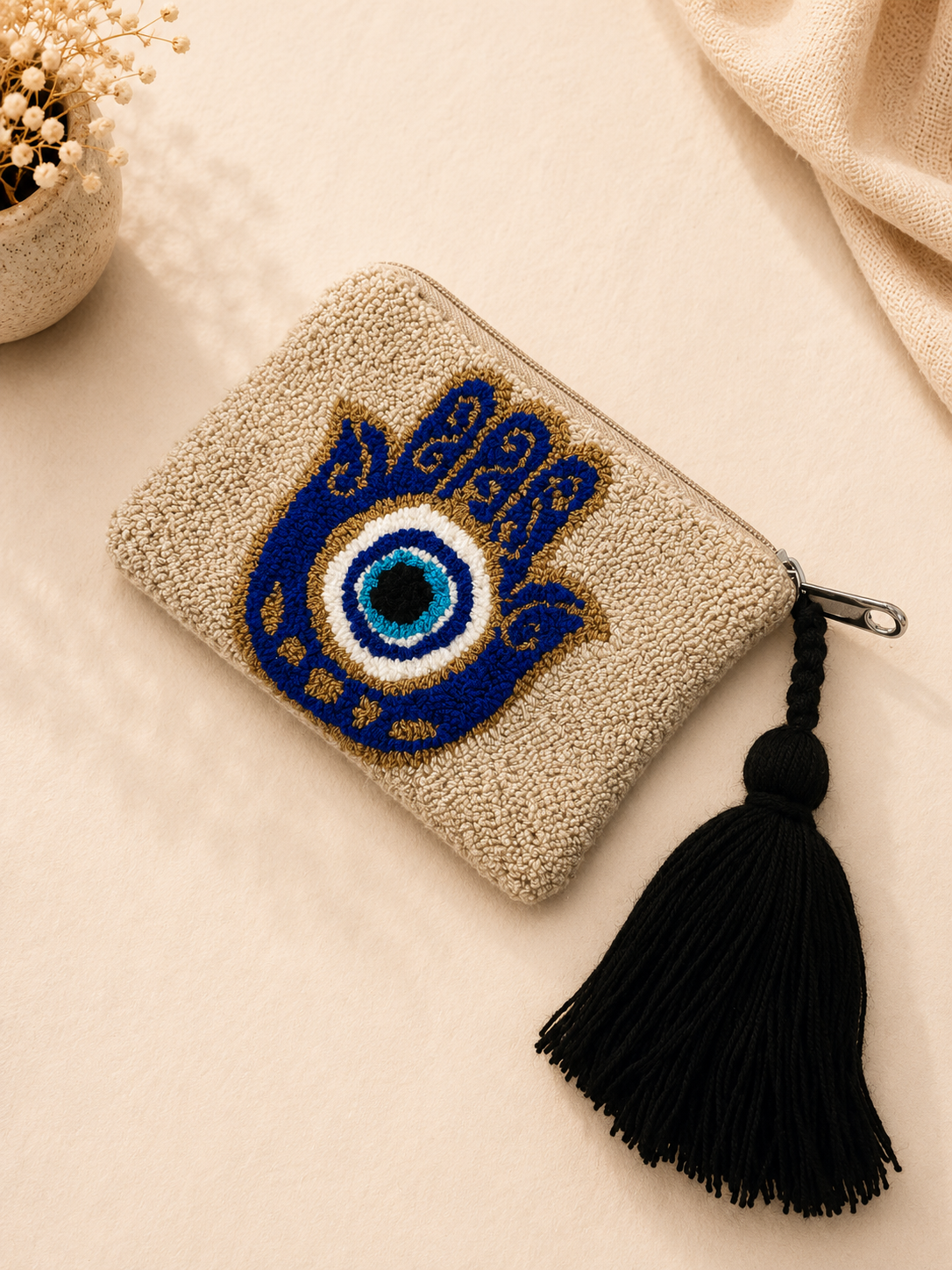 Handmade Tufted Mini Clutch Wallet 6” x 4” | Embroidered Zipper Coin Purse with Tassel