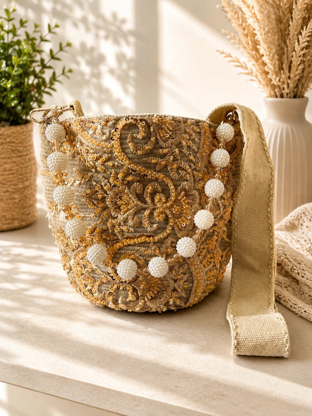Medium bucket double use crossbody embroidered Beading & Crystals short and Long Strap