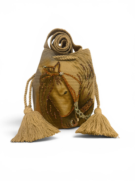 Medium Handmade Horse Wayuu Bag | Luxury Crochet Bucket Bag with Crystal Details & Wide Strap