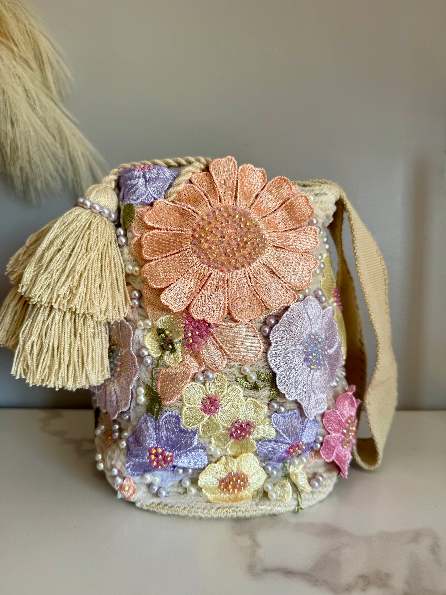 Wayuu Handbag with Floral Beading & Crystals Short & Long Strap