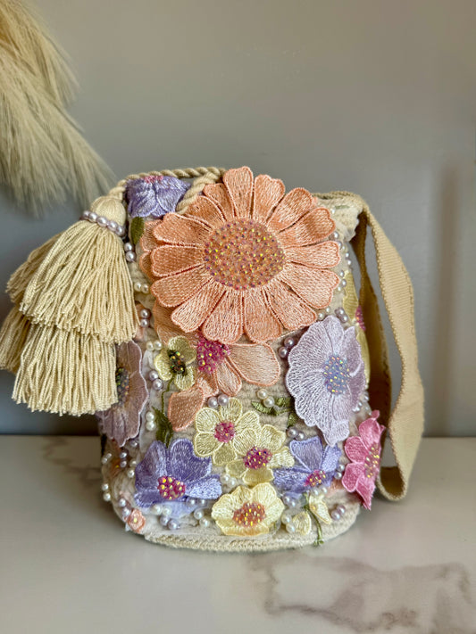 Wayuu Handbag with Floral Beading & Crystals Short & Long Strap