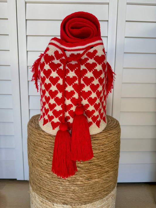 Wayuu Bag L Hearts Red | Handmade Crochet bucket bag
