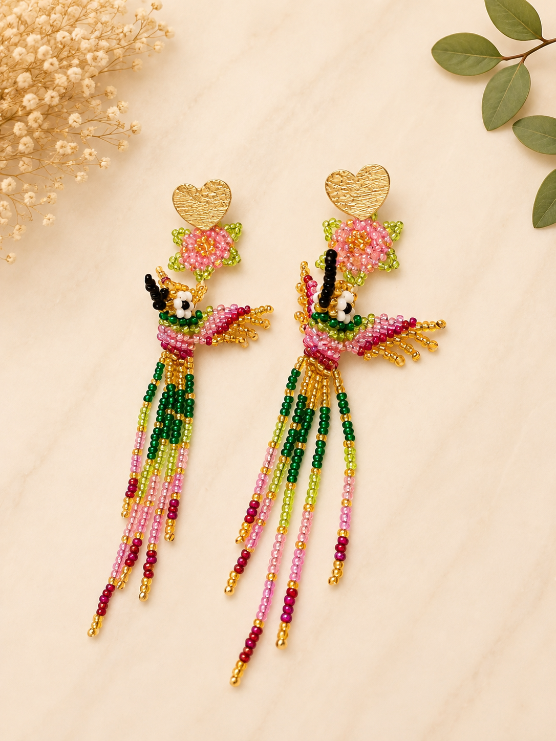 Handmade Hummingbird Beaded Earrings Colorful Artisan Statement Earrings for Women