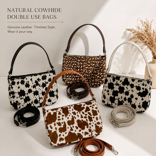 Genuine Cowhide Hair-On Leather Shoulder Bag & Crossbody Removable Straps Italian Foil Option Zipper Pockets